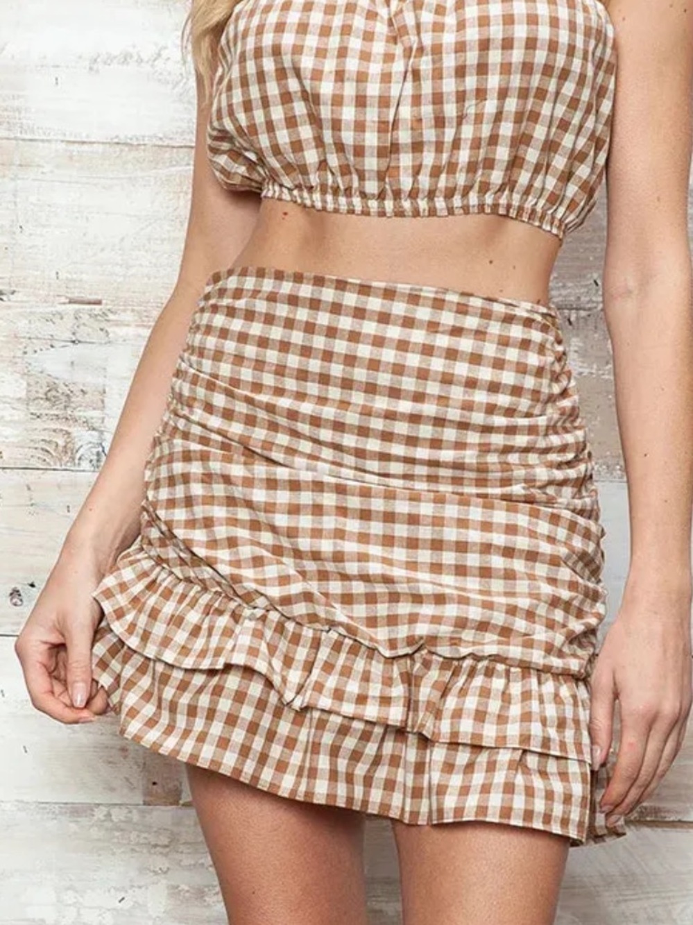 Mable Gingham Ruffle Mini Skirt in Brown Size Small